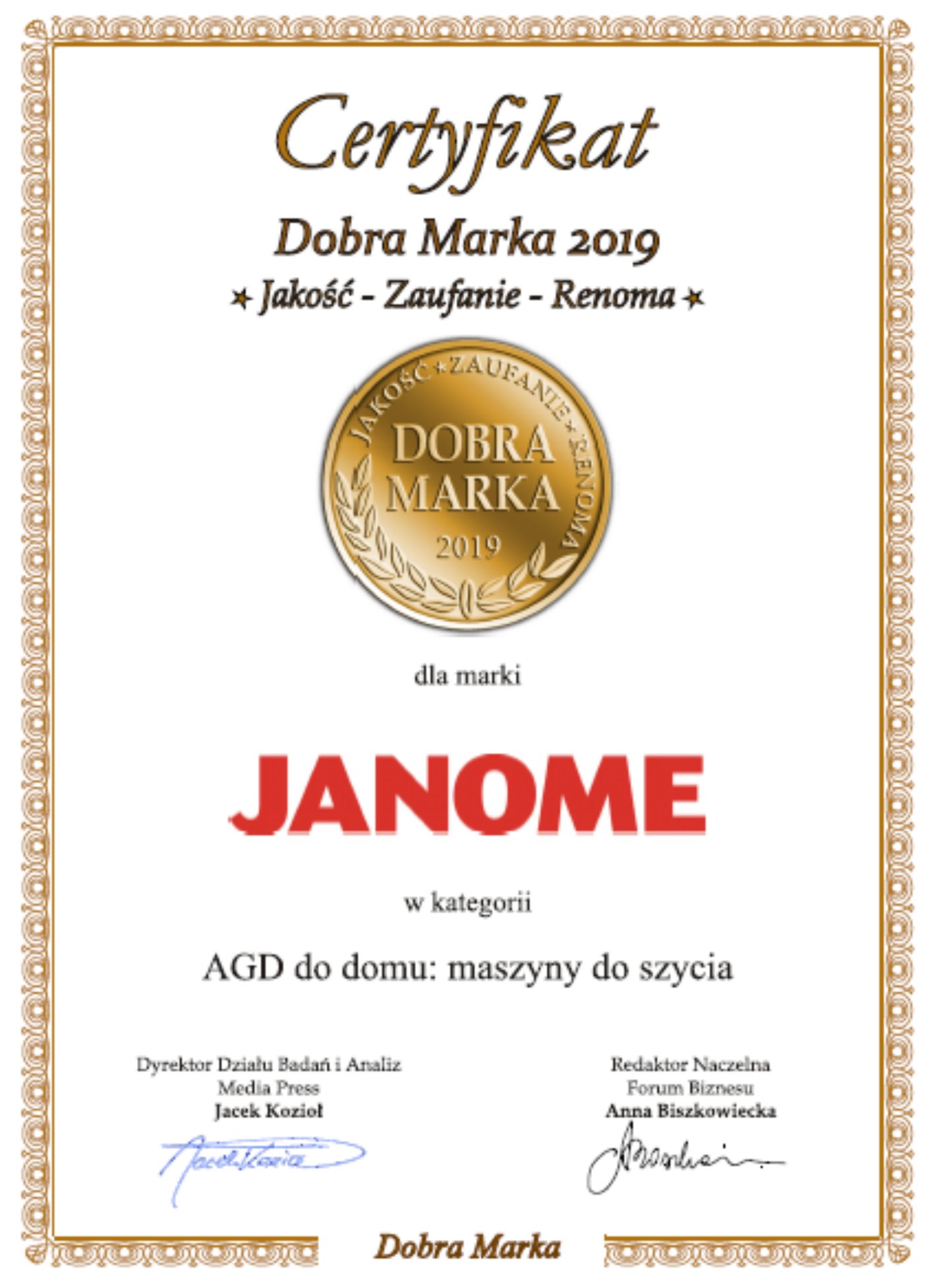 JANOME Certyfikat 2019